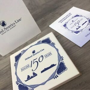Holland America Line Boat SAILING 150 YEARS Blue White Ceramic Tile Coaster